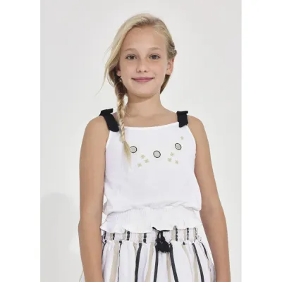 TANK TOP WHITE BLACK STRAPS SMOCKING HEM / 6059-037
