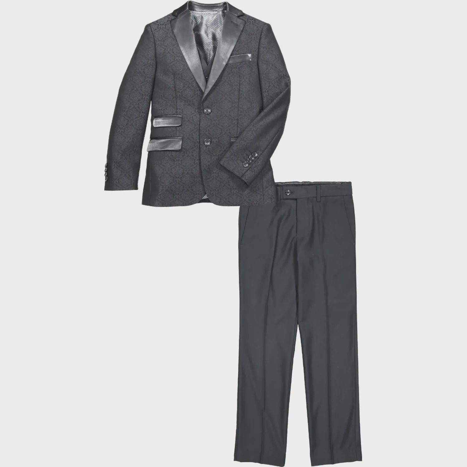 BLACK 3PC TUXEDO SUIT BLACK BROCADE SATIN LAPEL BLACK / ST2062