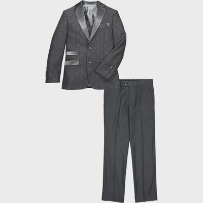 BLACK 3PC TUXEDO SUIT BLACK BROCADE SATIN LAPEL BLACK / ST2062