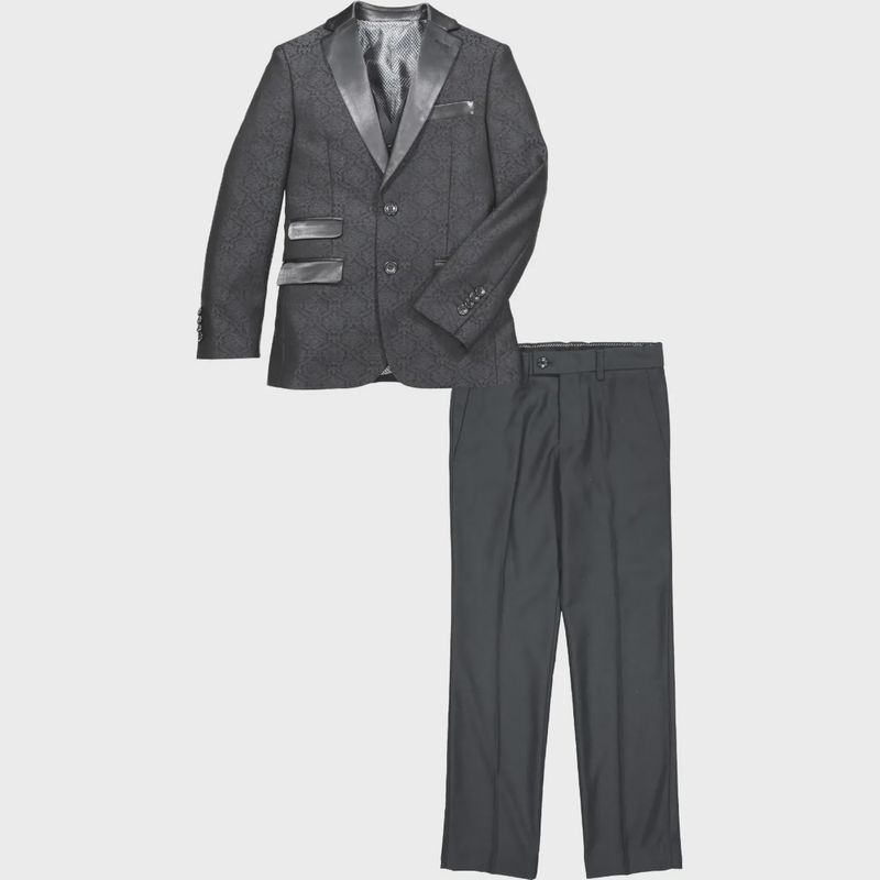 BLACK 3PC TUXEDO SUIT BLACK BROCADE SATIN LAPEL BLACK / ST2062
