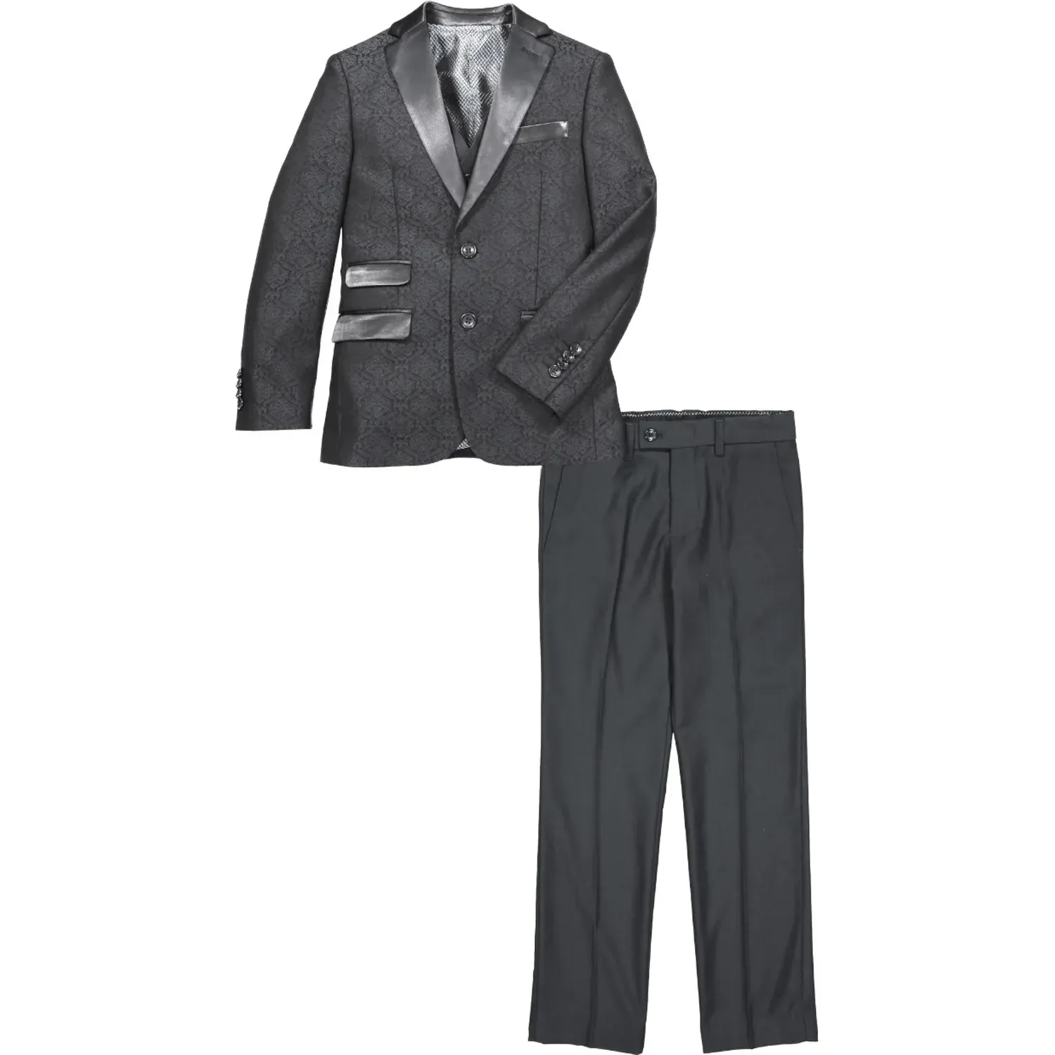 BLACK 3PC TUXEDO SUIT BLACK BROCADE SATIN LAPEL BLACK / ST2062