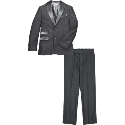 BLACK 3PC TUXEDO SUIT BLACK BROCADE SATIN LAPEL BLACK / ST2062