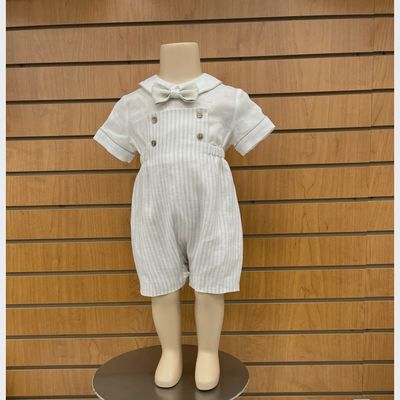 ROMPER SHORT IVORY & BEIGE STRIPE LINEN WITH BOWTIE / 2840-15