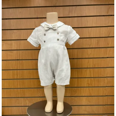 ROMPER SHORT IVORY & BEIGE STRIPE LINEN WITH BOWTIE / 2840-15