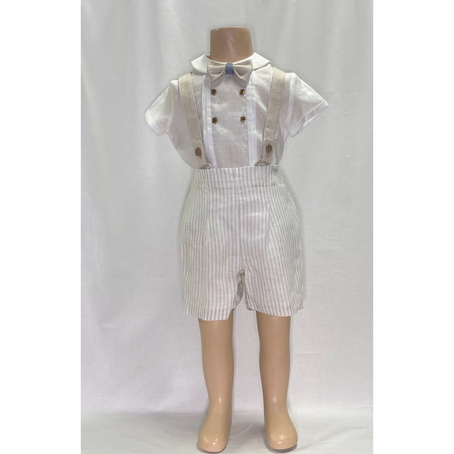 2PC SHORT SET LINEN SHIRT / ONZIE & BEIGE STRIPED SHORT WITH SUSPENDER / E2845-BR