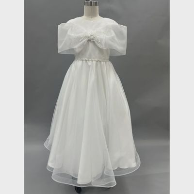 DRESS WHITE ORGANZA CAPELIKE SLEEVE BEADED WAIST LACE BOW / AE01