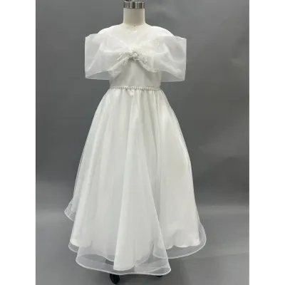 DRESS WHITE ORGANZA CAPELIKE SLEEVE BEADED WAIST LACE BOW / AE01