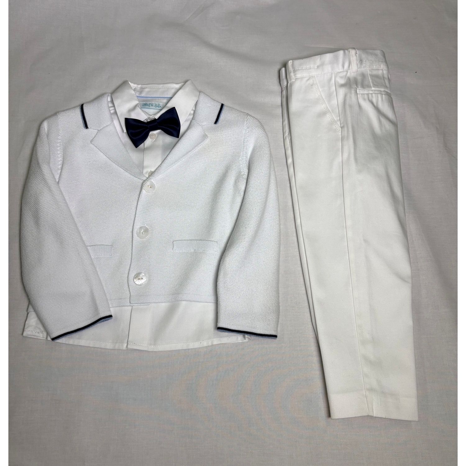 4PC SWEATER SHIRT & PANT & BOWTIE WHITE & NAVY BLUE