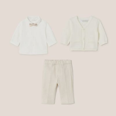 3 PC BEIGE & WHITE CARDIGAN SHIRT & PANT &BOWTIE / 1190-1363-1511-47
