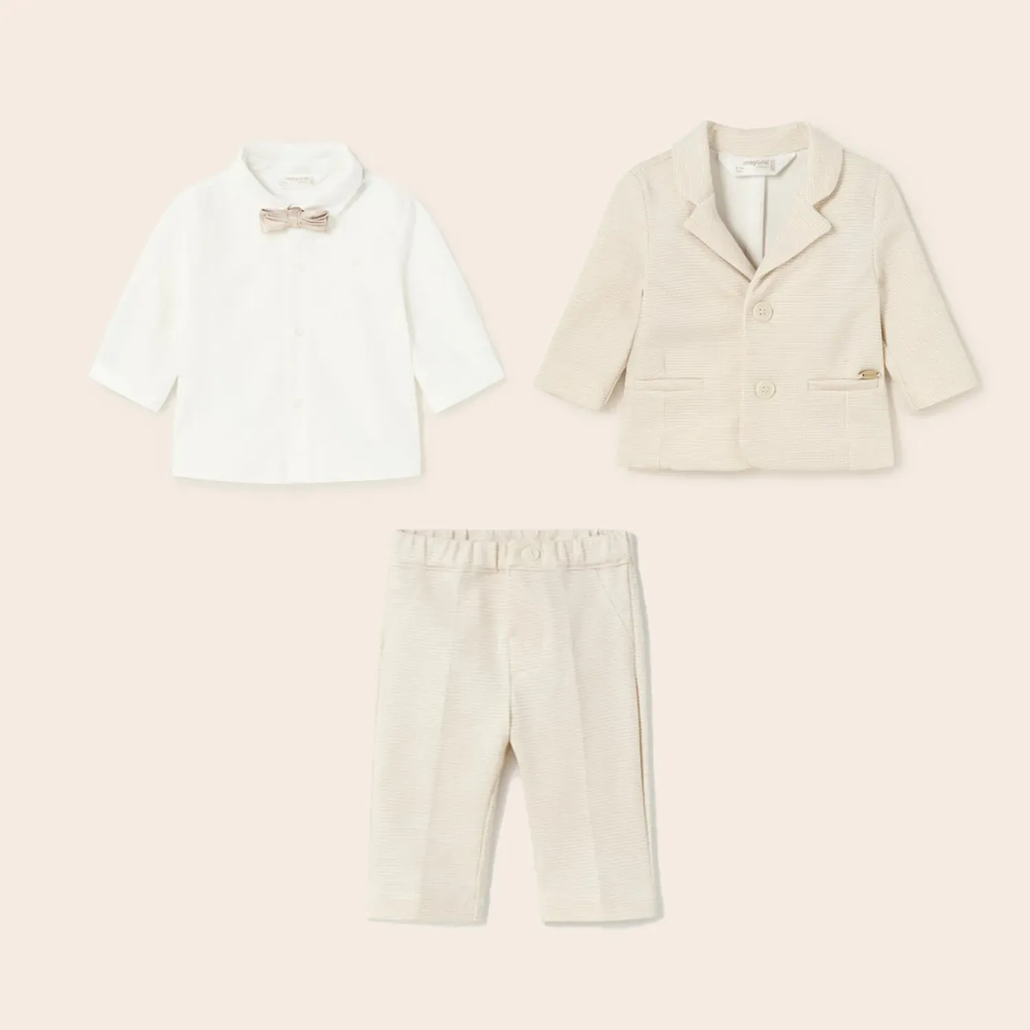 BEIGE & WHITE JACKET PANT & SHIRT & BOWTIE / 1402-1511-1190-88