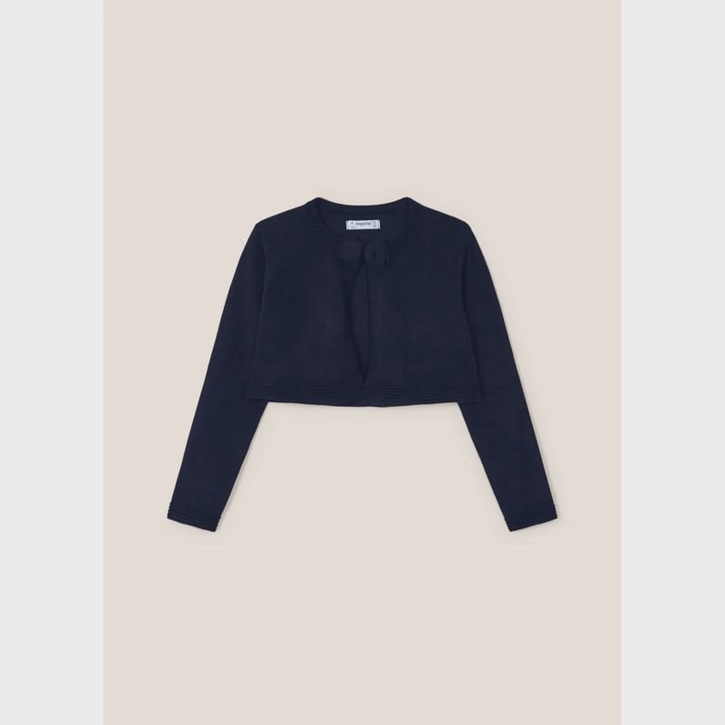 BOLERO CARDIGAN NAVY BOW CLOSURE RIBBED EDGE TRIM / 321-078