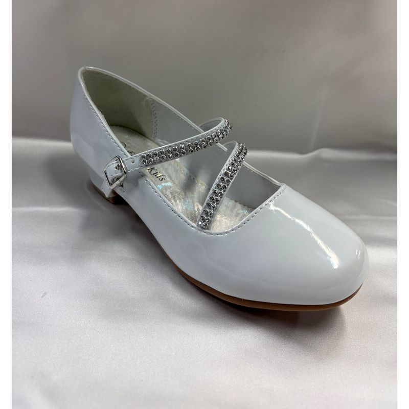 SHOE WHITE PATENT 2 RHINESTONE STRAPS SMALL HEEL / DM36