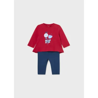 2 PC LEGGING SET RED TOP BLUE PANT FLOWER PRINT / 1745-070