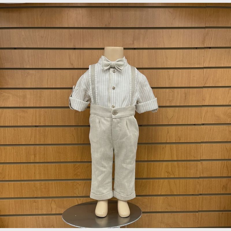 3PC PANT SHIRT & BOWTIE BEIGE LINEN-STRIPED WITH SUSPENDERS / E2842-BE