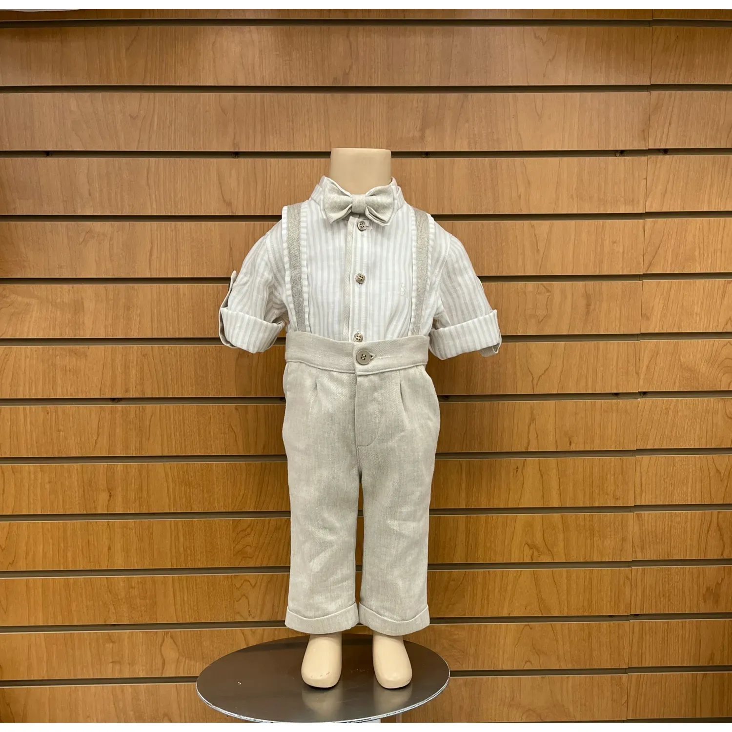 3PC PANT SHIRT & BOWTIE BEIGE LINEN-STRIPED WITH SUSPENDERS / E2842-BE