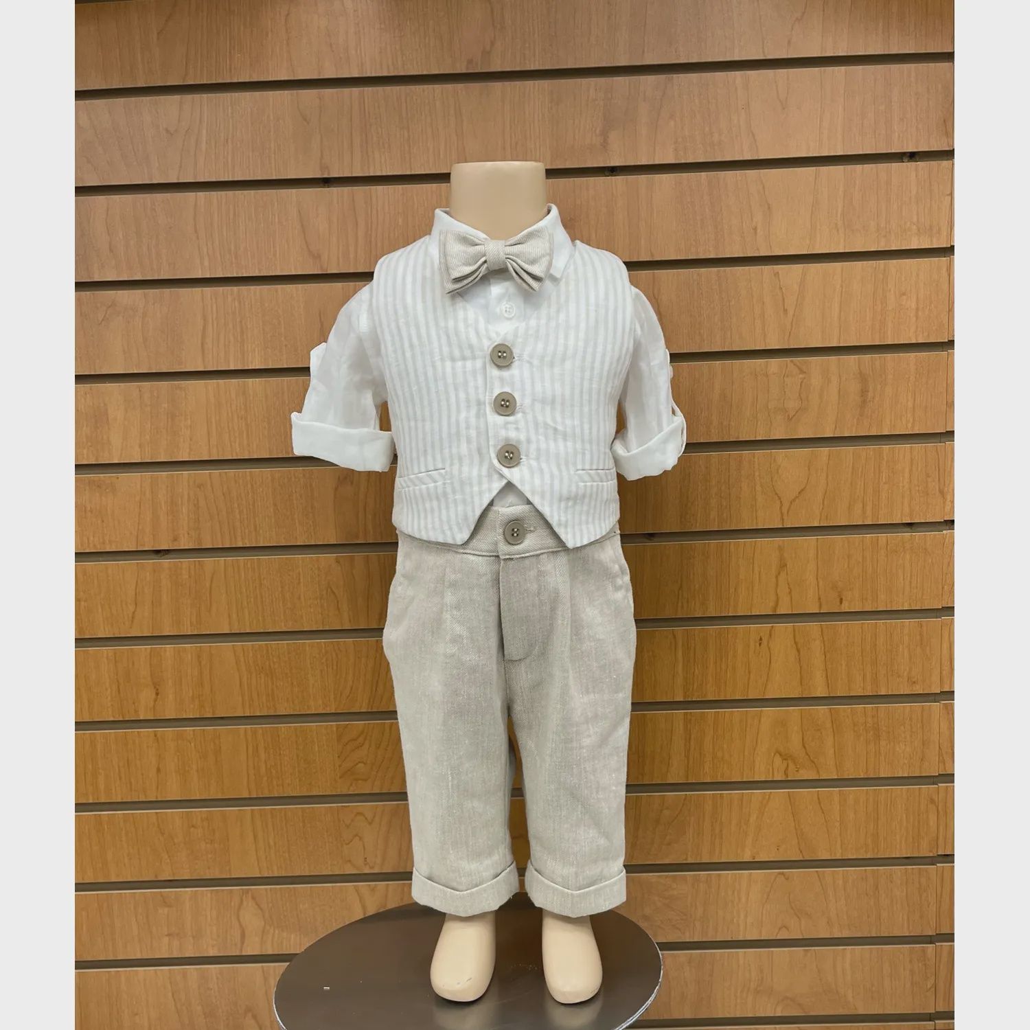 4PC VEST SET BEIGE & CREAM WITH SUSPENDERS STRIPE & LINEN O-ONZIE / E2846-BE-BY