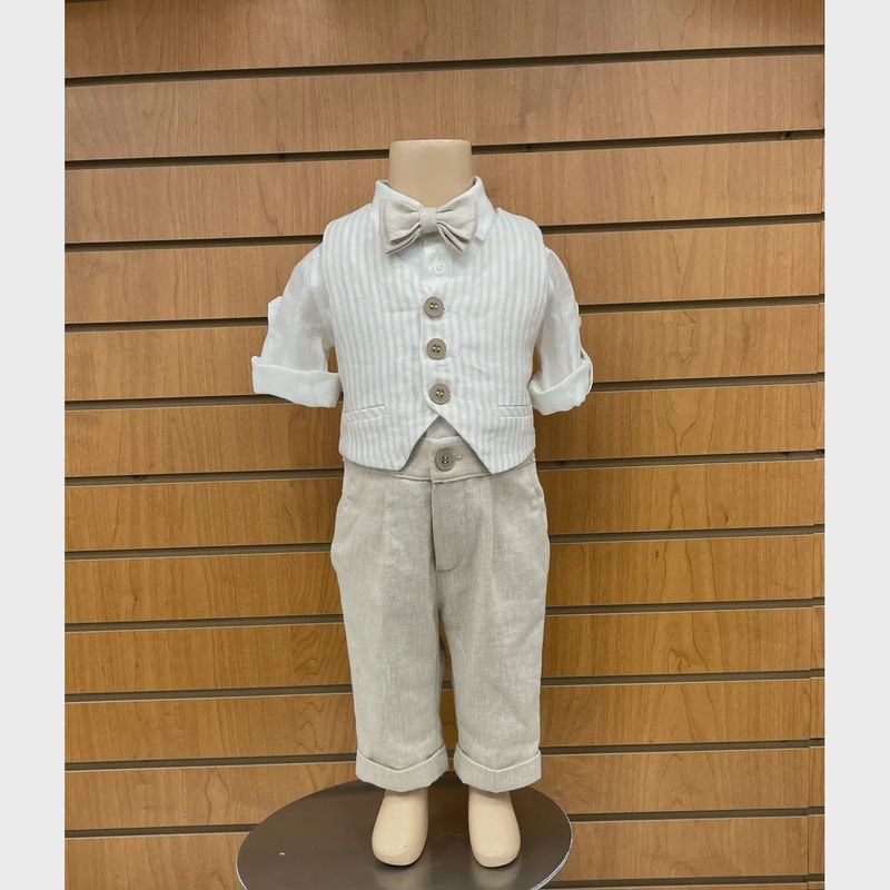 4PC VEST SET BEIGE & CREAM WITH SUSPENDERS STRIPE & LINEN O-ONZIE / E2846-BE-BY