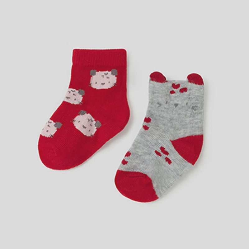 2PC SOCK SET RED BEAR PRINT GREY RED TRIM / 9426