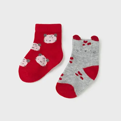2PC SOCK SET RED BEAR PRINT GREY RED TRIM / 9426