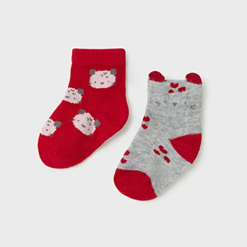 2PC SOCK SET RED BEAR PRINT GREY RED TRIM / 9426