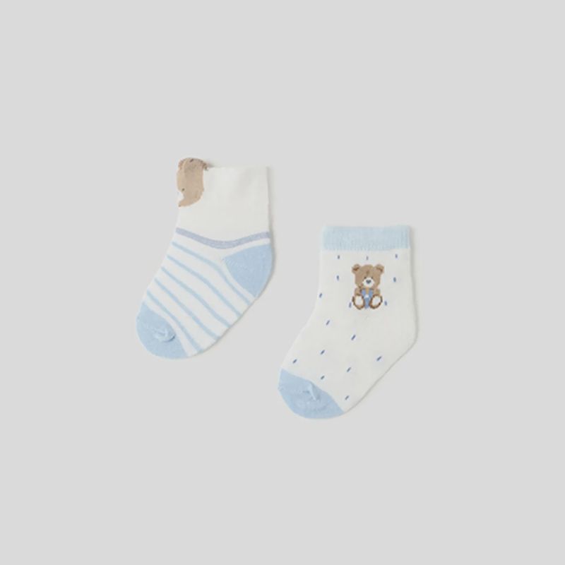 2 PC SOCK WHITE & BLUE STRIPE & DOTS BEAR PRINT