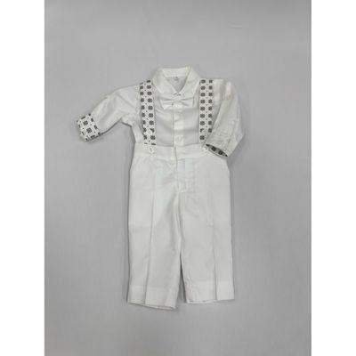 3 PC SHIRT PANT & BOWTIE WHITE BLUE & BROWN PRINT SUSPENDERS & TRIM / GA234PCB