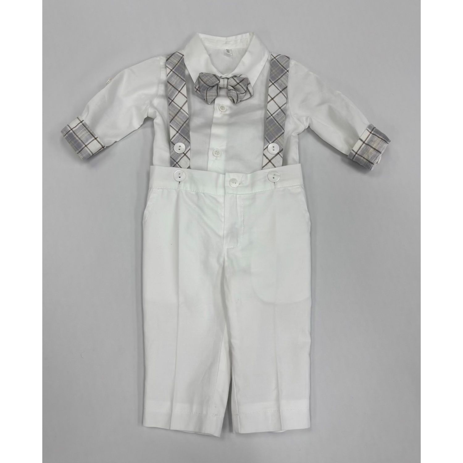 3 PC SHIRT & PANT & BOWTIE WHITE GREY PLAID SUSPENDERS & BOWTIE / GA234PCB