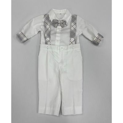 3 PC SHIRT & PANT & BOWTIE WHITE GREY PLAID SUSPENDERS & BOWTIE / GA234PCB