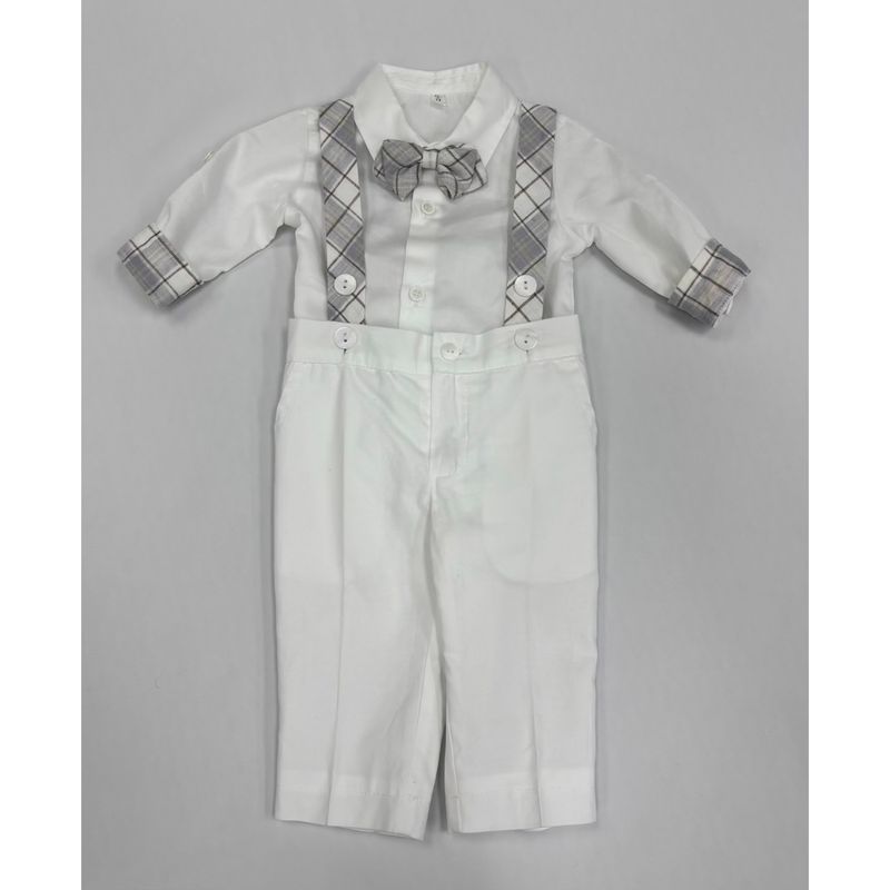 3 PC SHIRT & PANT & BOWTIE WHITE GREY PLAID SUSPENDERS & BOWTIE / GA234PCB