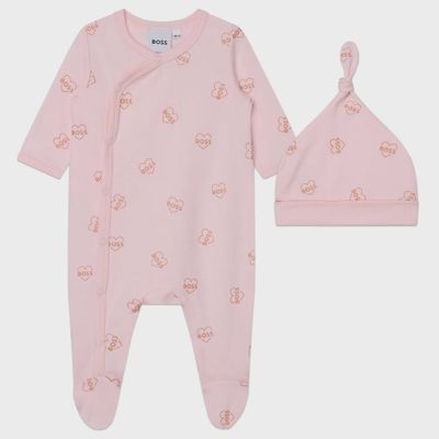 2 PC SLEEPER & HAT PALE PINK HEART & BOSS PRINT SIDECLOSURE / J98444-44L