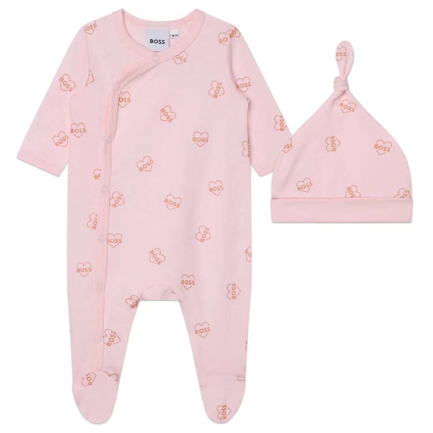 2 PC SLEEPER & HAT PALE PINK HEART & BOSS PRINT SIDECLOSURE / J98444-44L