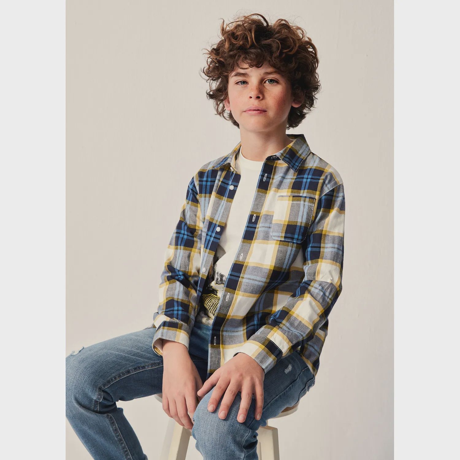 SHIRT BLUE WHITE & YELLOW CHECK WITH POCKET LONG SLEEVE / 7188-052