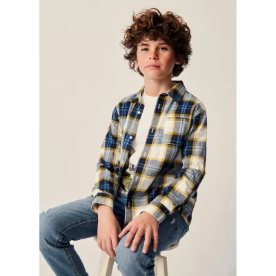 SHIRT BLUE WHITE & YELLOW CHECK WITH POCKET LONG SLEEVE / 7188-052