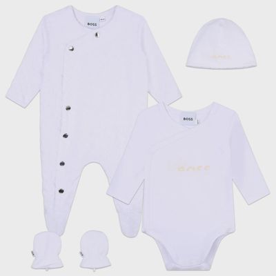 4PC SET SLEEPER HAT MITTENS BODYSUIT WHITE VELOUIR / J98440-10P