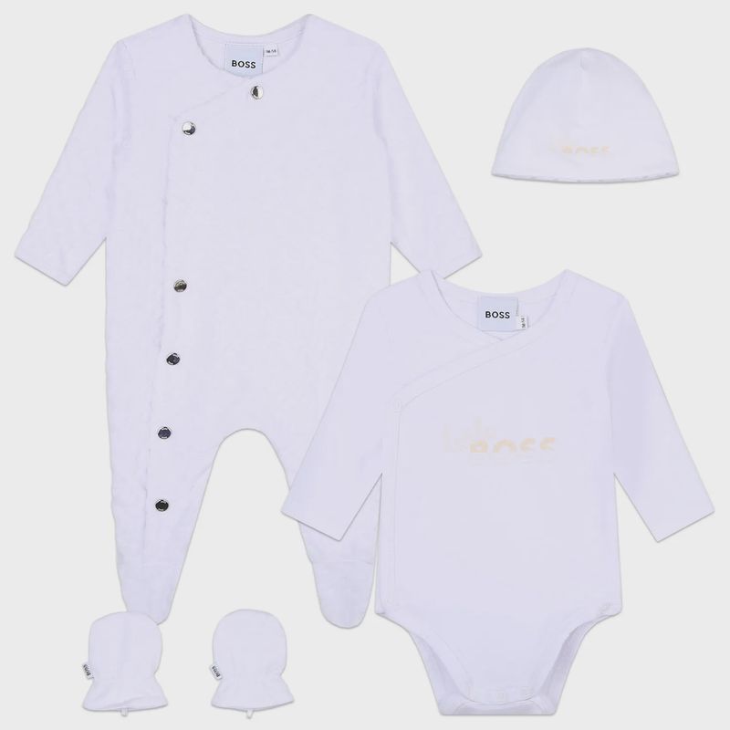 4PC SET SLEEPER HAT MITTENS BODYSUIT WHITE VELOUIR / J98440-10P