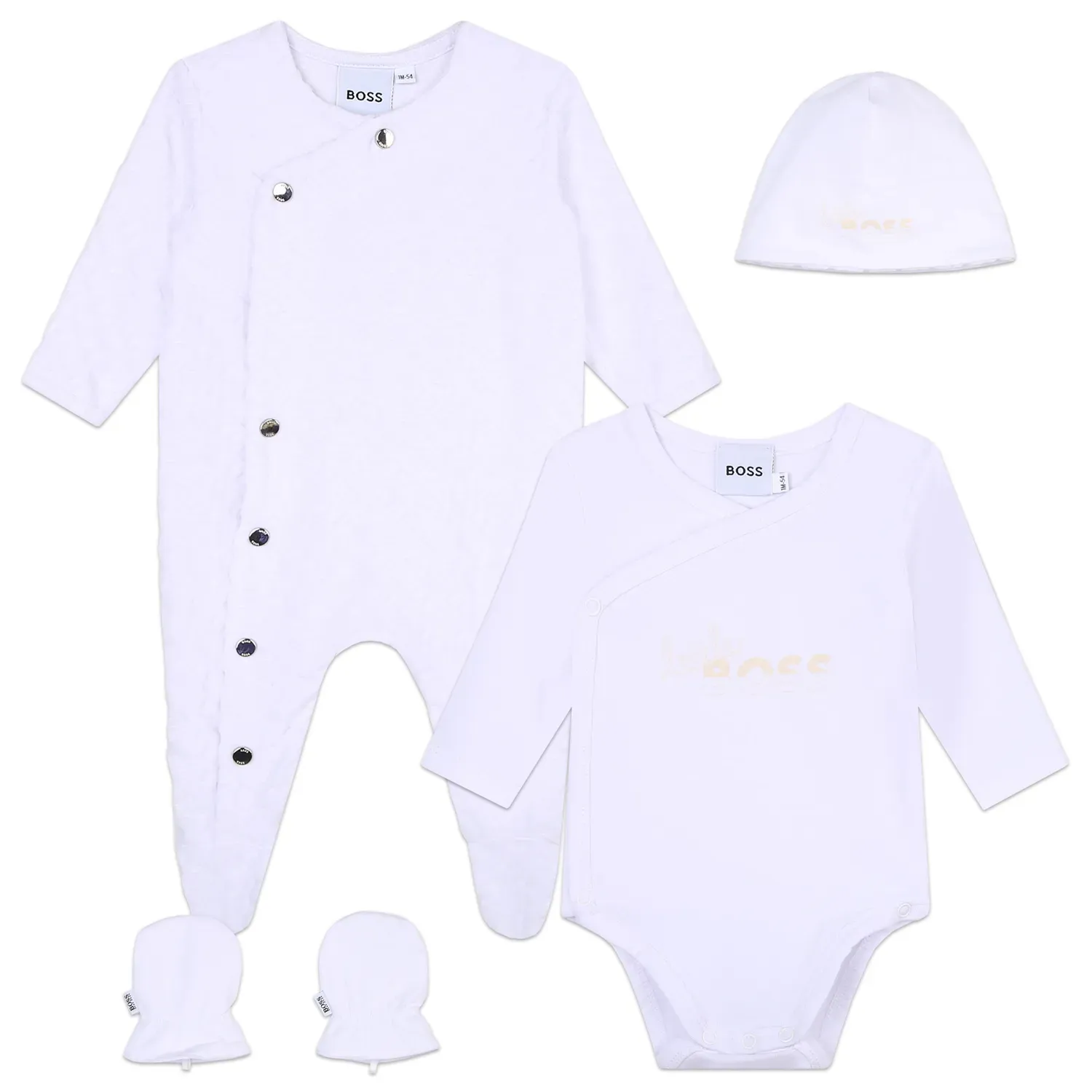 4PC SET SLEEPER HAT MITTENS BODYSUIT WHITE VELOUIR / J98440-10P