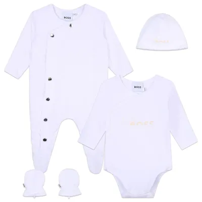 4PC SET SLEEPER HAT MITTENS BODYSUIT WHITE VELOUIR / J98440-10P
