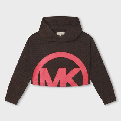 HOODED SWEATTOP BROWN FUSCHIA LOGO MK ALLOVER PRINT CROP / R15214-319