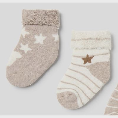 2 PC SOCK SET WITH CUFF BEIGE & BROWN STRIPE & BROWN WITH STARS / 9653-014