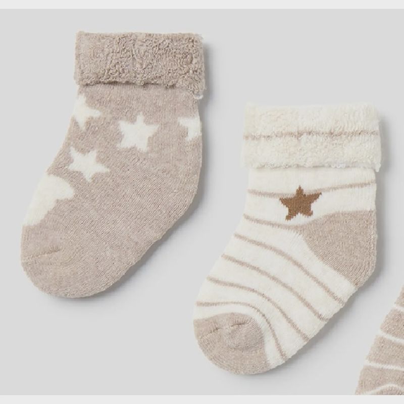 2 PC SOCK SET WITH CUFF BEIGE & BROWN STRIPE & BROWN WITH STARS / 9653-014