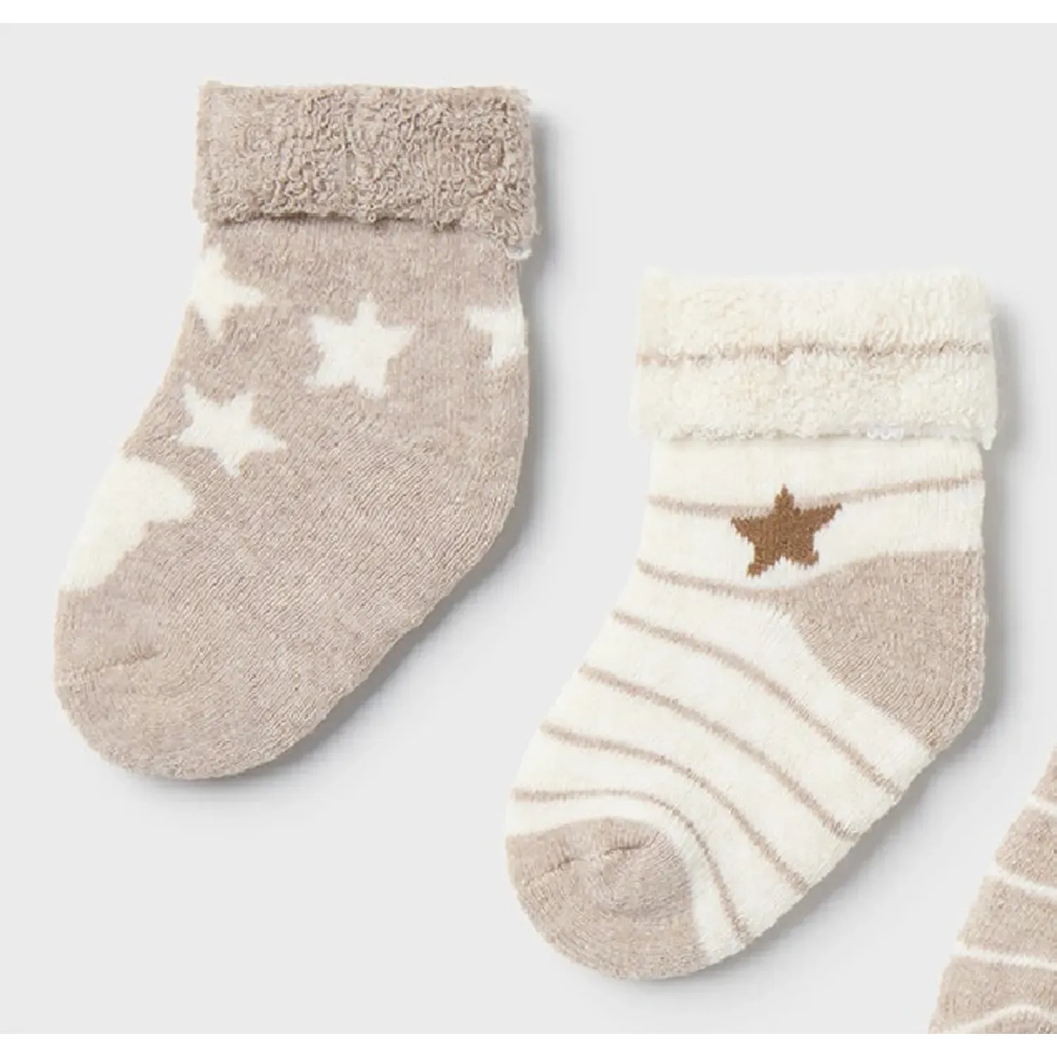 2 PC SOCK SET WITH CUFF BEIGE & BROWN STRIPE & BROWN WITH STARS / 9653-014