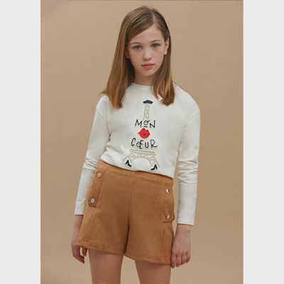 FAUX SUEDE SHORT LIGHT BROWN GOLD BUTTON TRIM 2 POCKETS / 7210-043