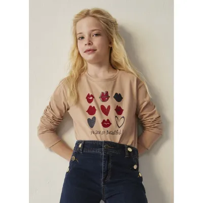 TSHIRT LIGHT BROWN GRAPHIC RED & NAVY HEARTS & LIPS LONG SLEEVE / 7048-81