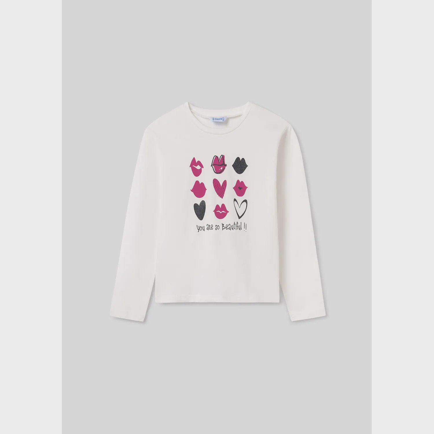 TSHIRT WHITE FUSCHIA & NAVY HEARTS & LIPS LONG SLEEVE / 7048-082