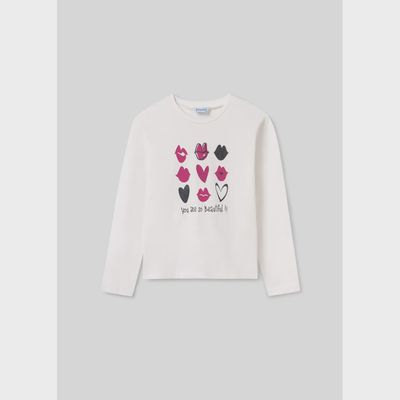 TSHIRT WHITE FUSCHIA & NAVY HEARTS & LIPS LONG SLEEVE / 7048-082