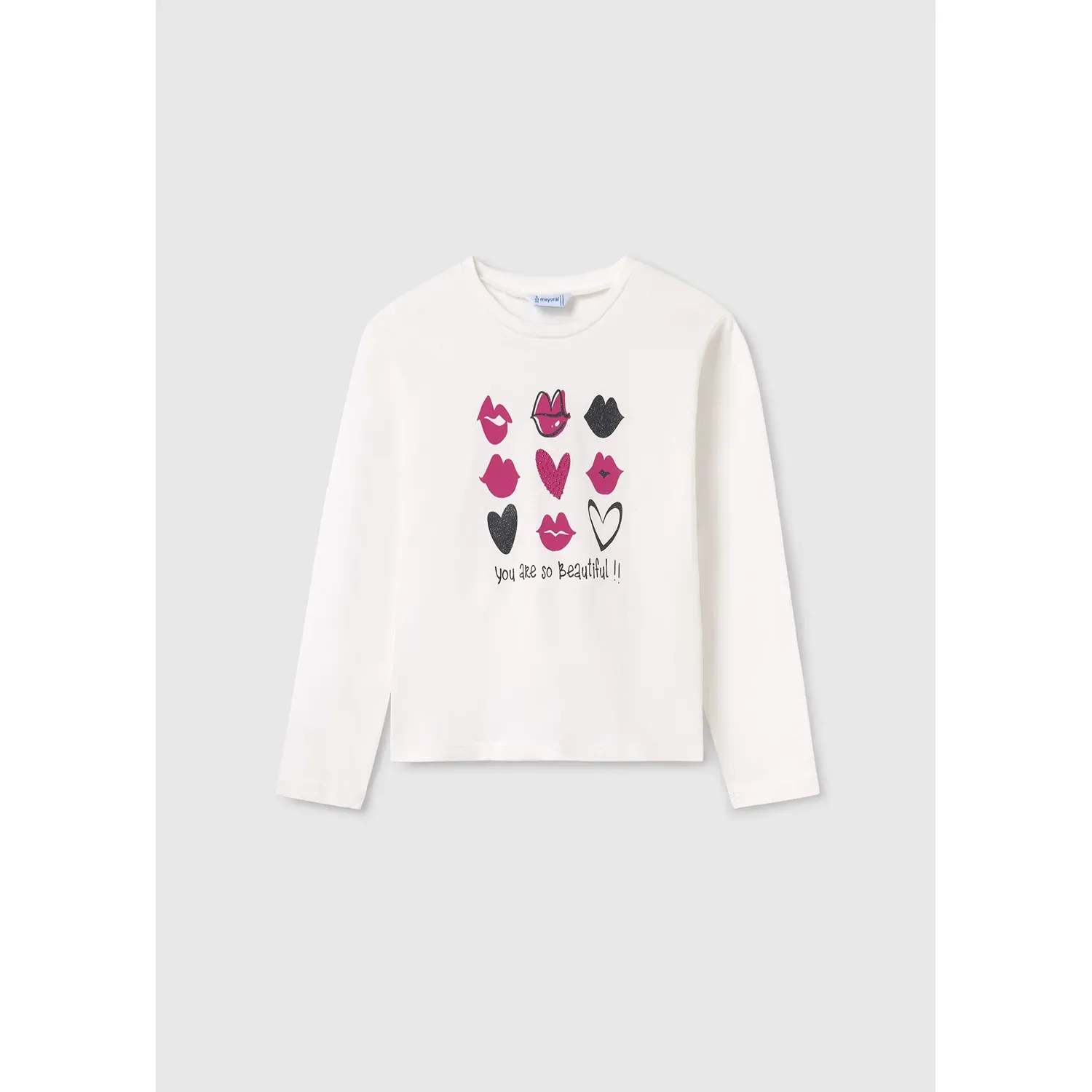 TSHIRT WHITE FUSCHIA & NAVY HEARTS & LIPS LONG SLEEVE / 7048-082