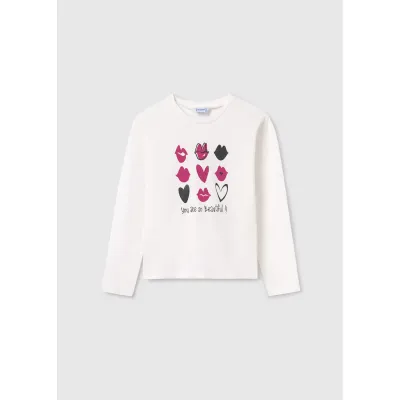 TSHIRT WHITE FUSCHIA & NAVY HEARTS & LIPS LONG SLEEVE / 7048-082