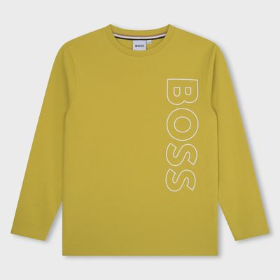 TSHIRT LIME GREEN LONG SLEEVE VERTICAL BOSS LOGO WHITE OUTLINE / J25068-606