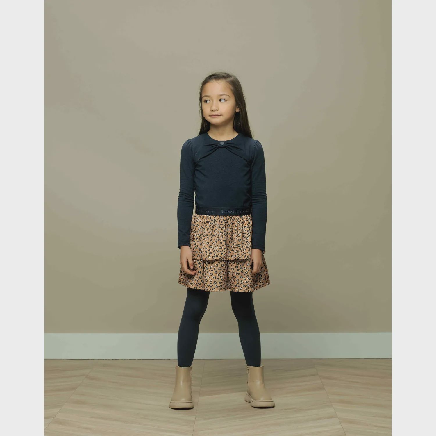 DRESS NAVY BODICE BROWN LEOPARD PRINT SKIRT BOW TRIM / C308-5890-190