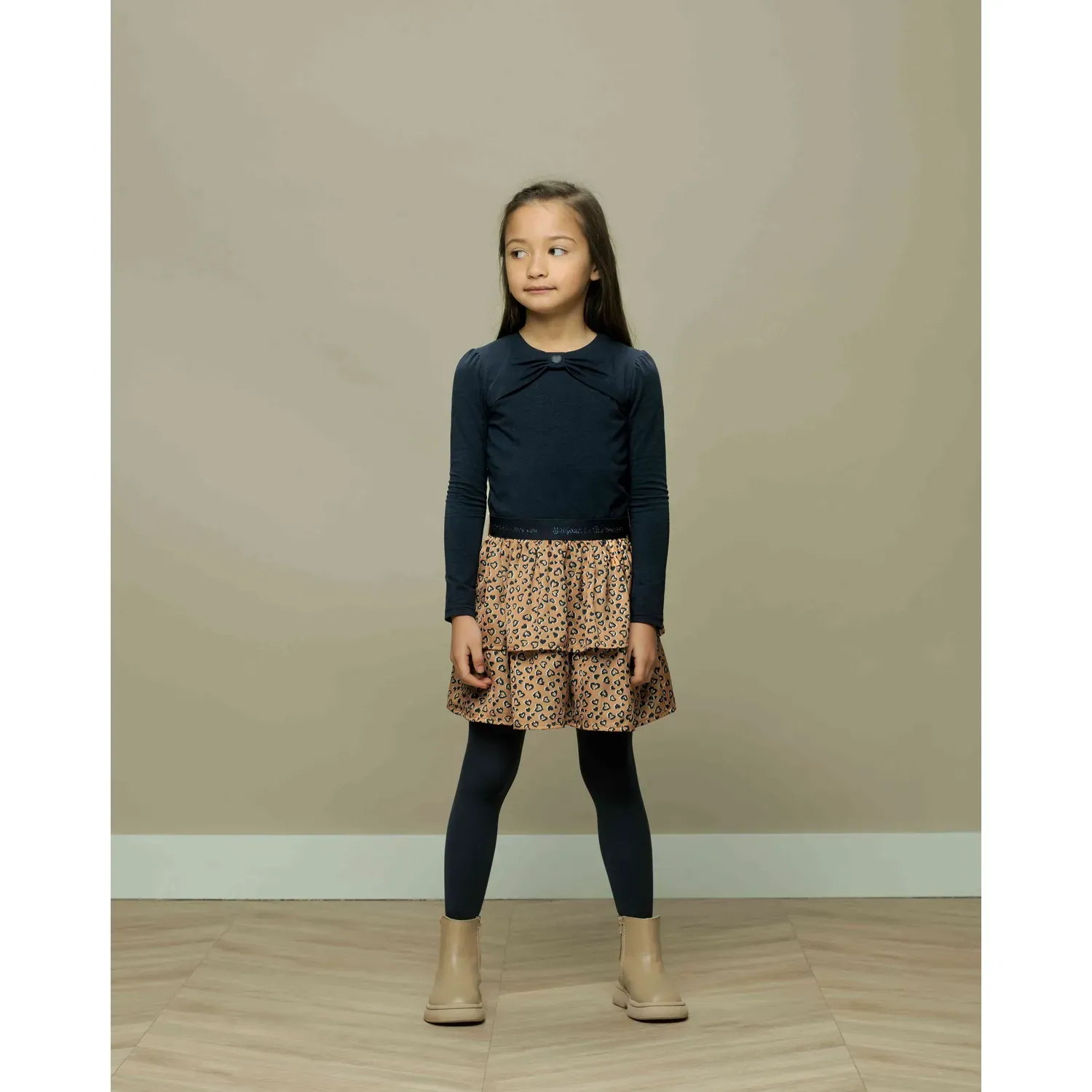 DRESS NAVY BODICE BROWN LEOPARD PRINT SKIRT BOW TRIM / C308-5890-190